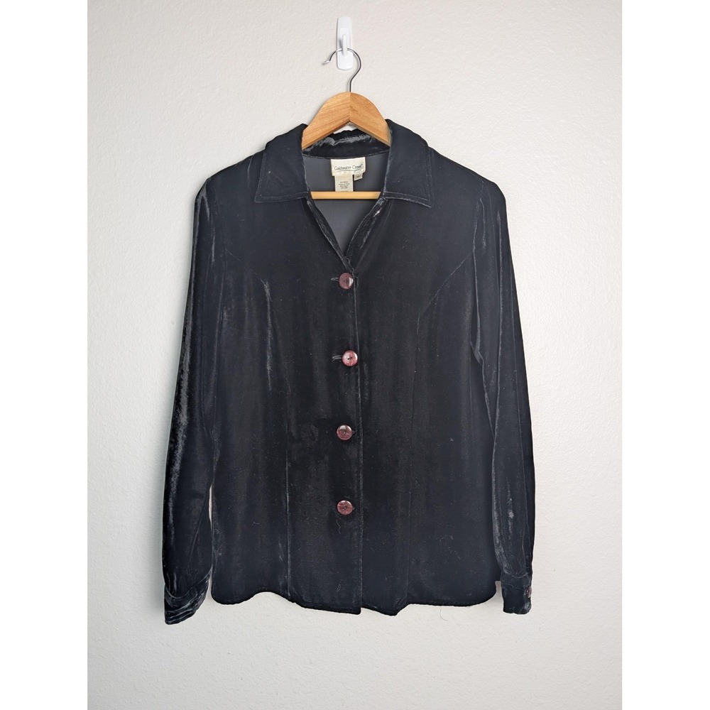 Coldwater Creek Shirt Womens XS Black Velvet Button Front Long Sleeve Dressy Top
